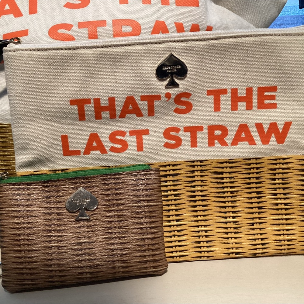 Pre-Loved ♠️ Kate Spade Brown and Cream Woven Clutch Pouch Set